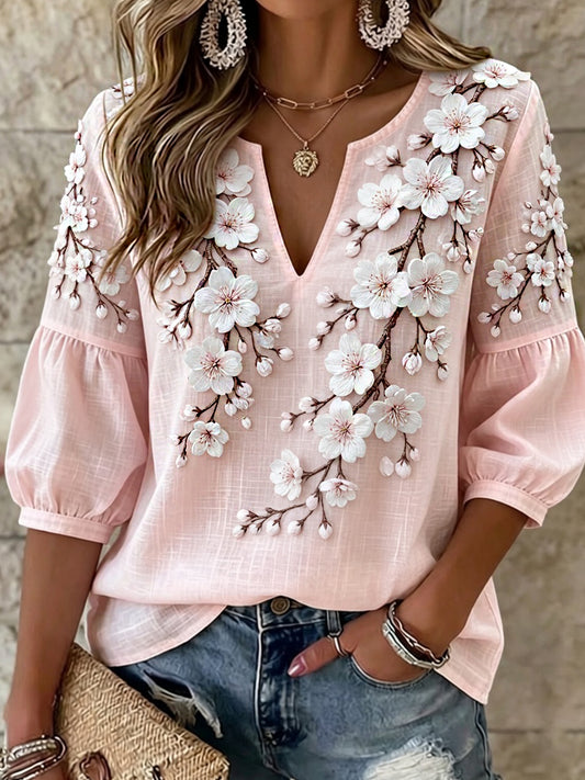 Haut Décontracté Femme Rétro Imprimé Floral Coton-Lin