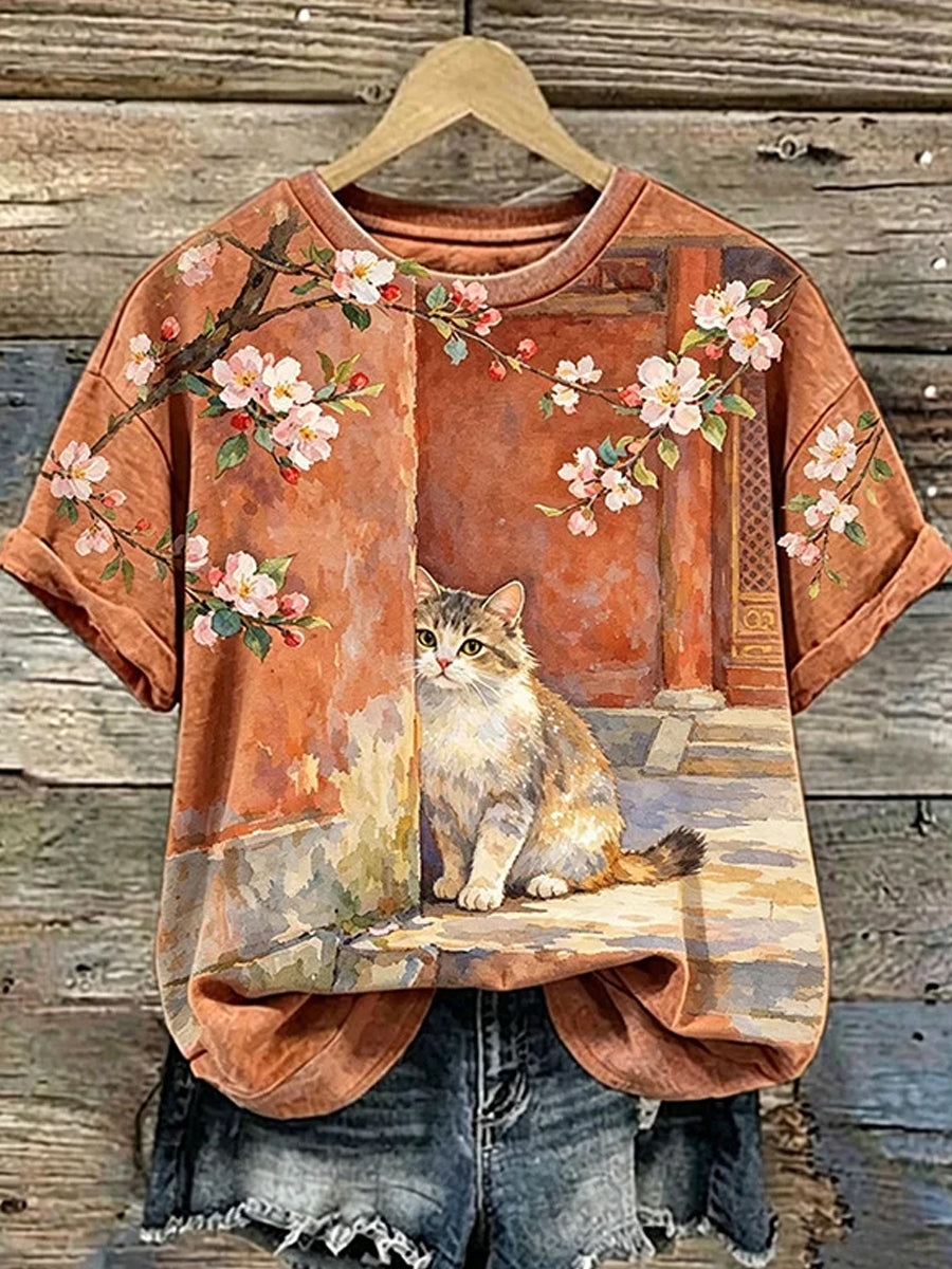 T-shirt décontracté vintage pour femmes avec imprimé d'art animalier
