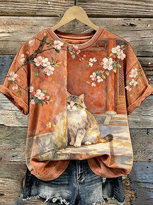 T-shirt décontracté vintage pour femmes avec imprimé d'art animalier