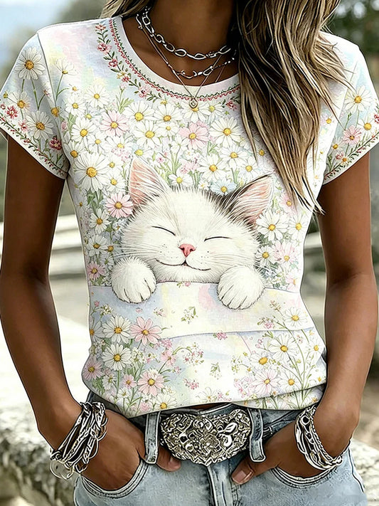 T-shirt décontracté vintage pour femmes avec imprimé d'art animalier