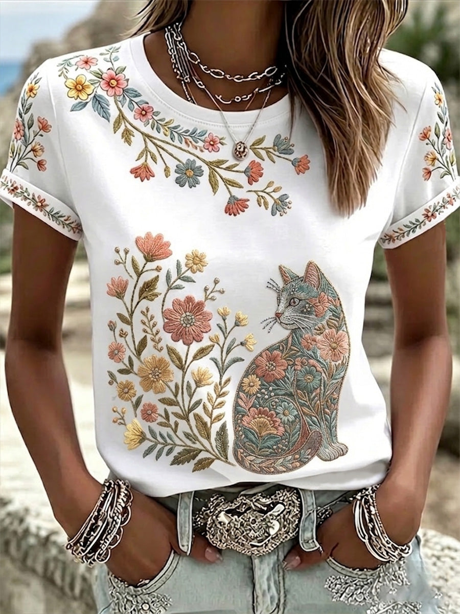 T-shirt décontracté pour femmes avec imprimé fleurs et chats