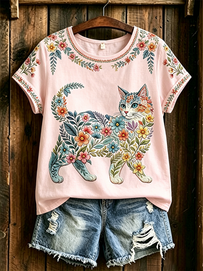 T-shirt décontracté pour femmes avec imprimé fleurs et chats