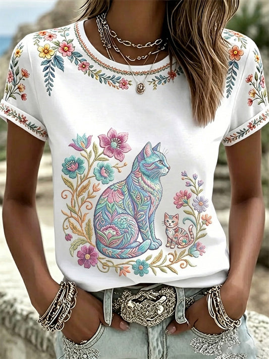 T-shirt décontracté pour femmes avec imprimé fleurs et chats