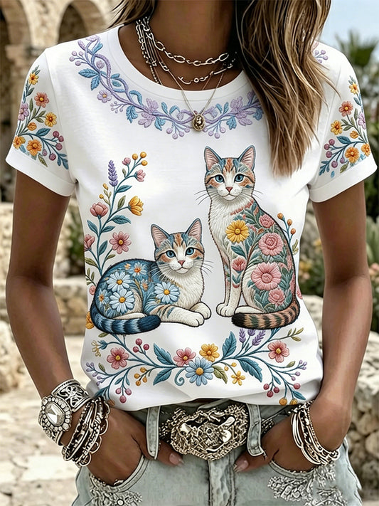 T-shirt décontracté pour femmes avec imprimé fleurs et chats