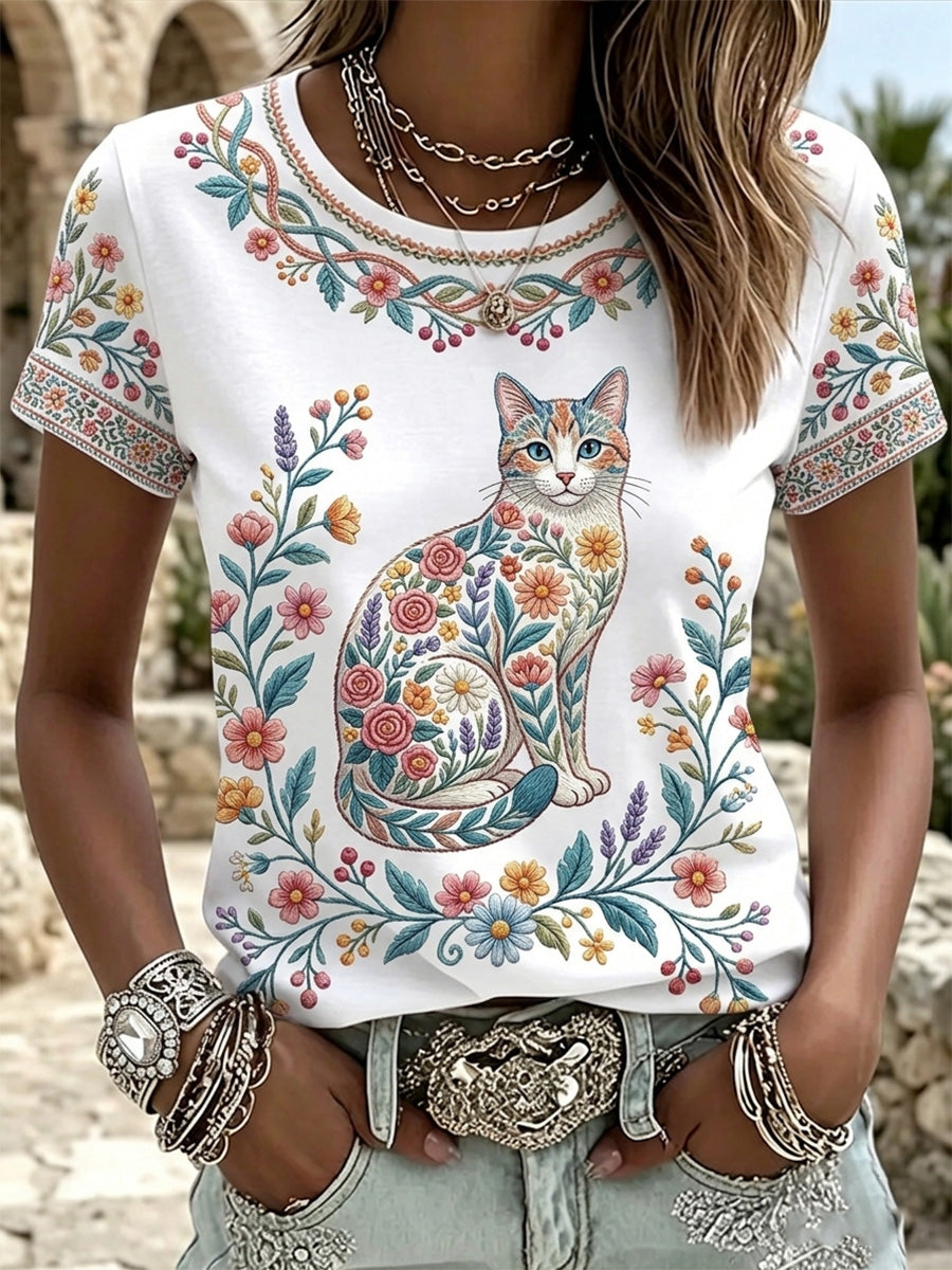 T-shirt décontracté pour femmes avec imprimé fleurs et chats