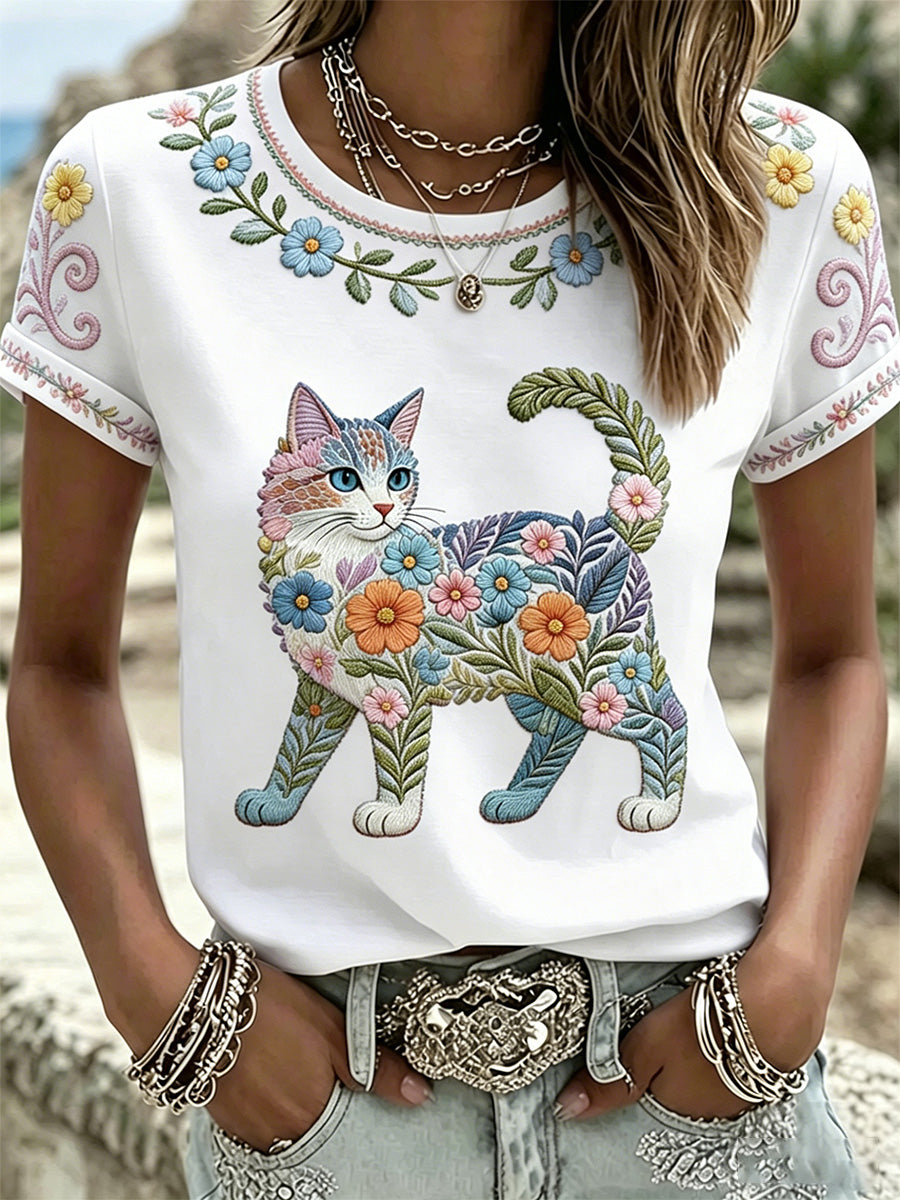 T-shirt décontracté pour femmes avec imprimé fleurs et chats
