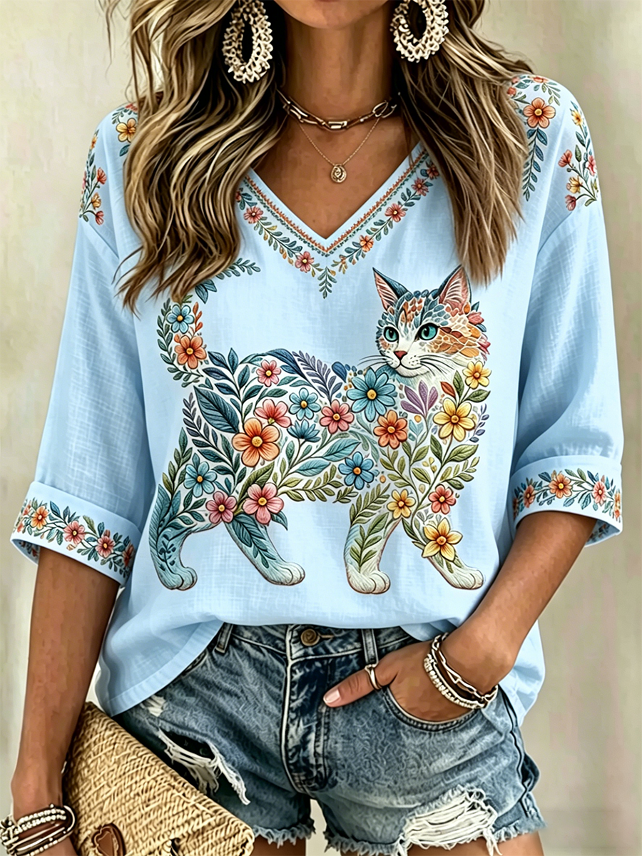 Chemise à col en V à imprimé floral pour femmes