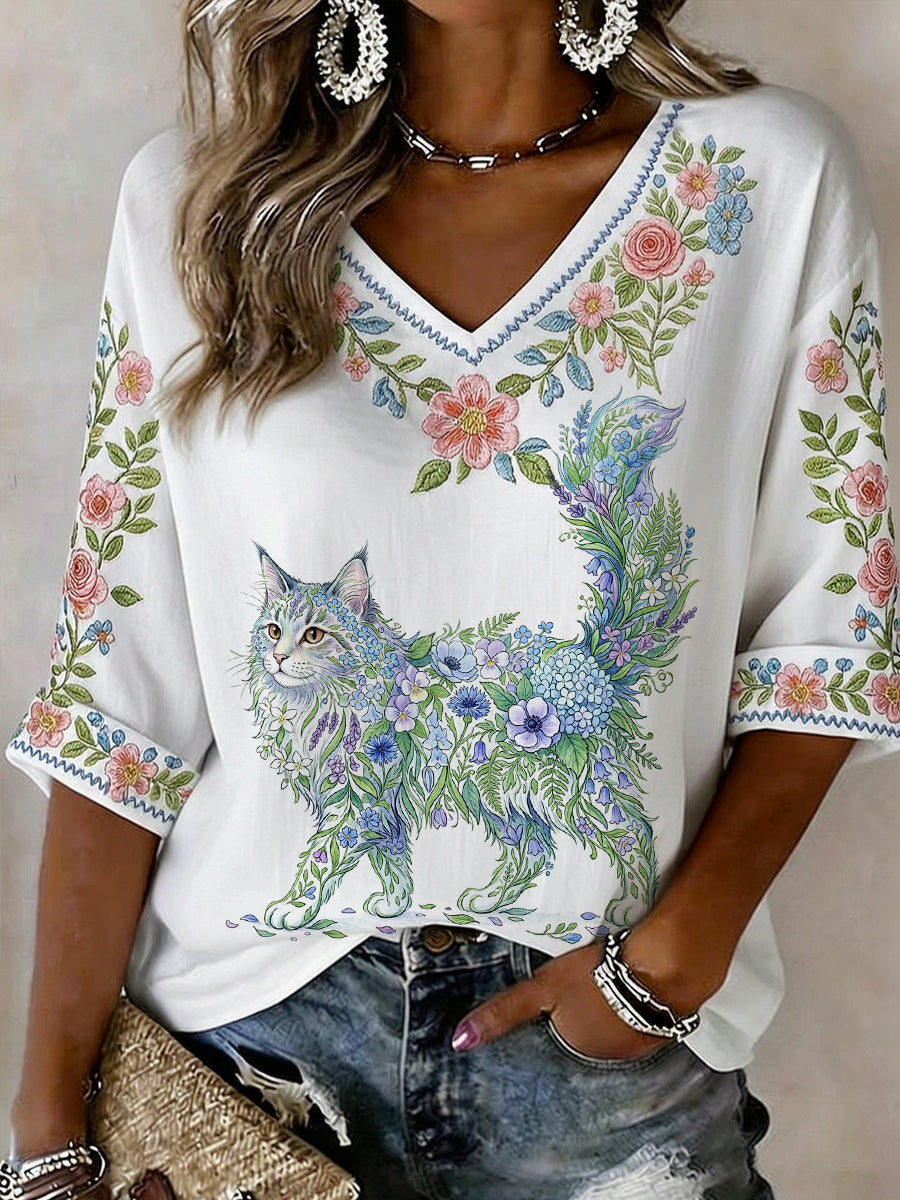 Chemise décontractée à manches mi-longues pour femme, imprimé fleurs et chat