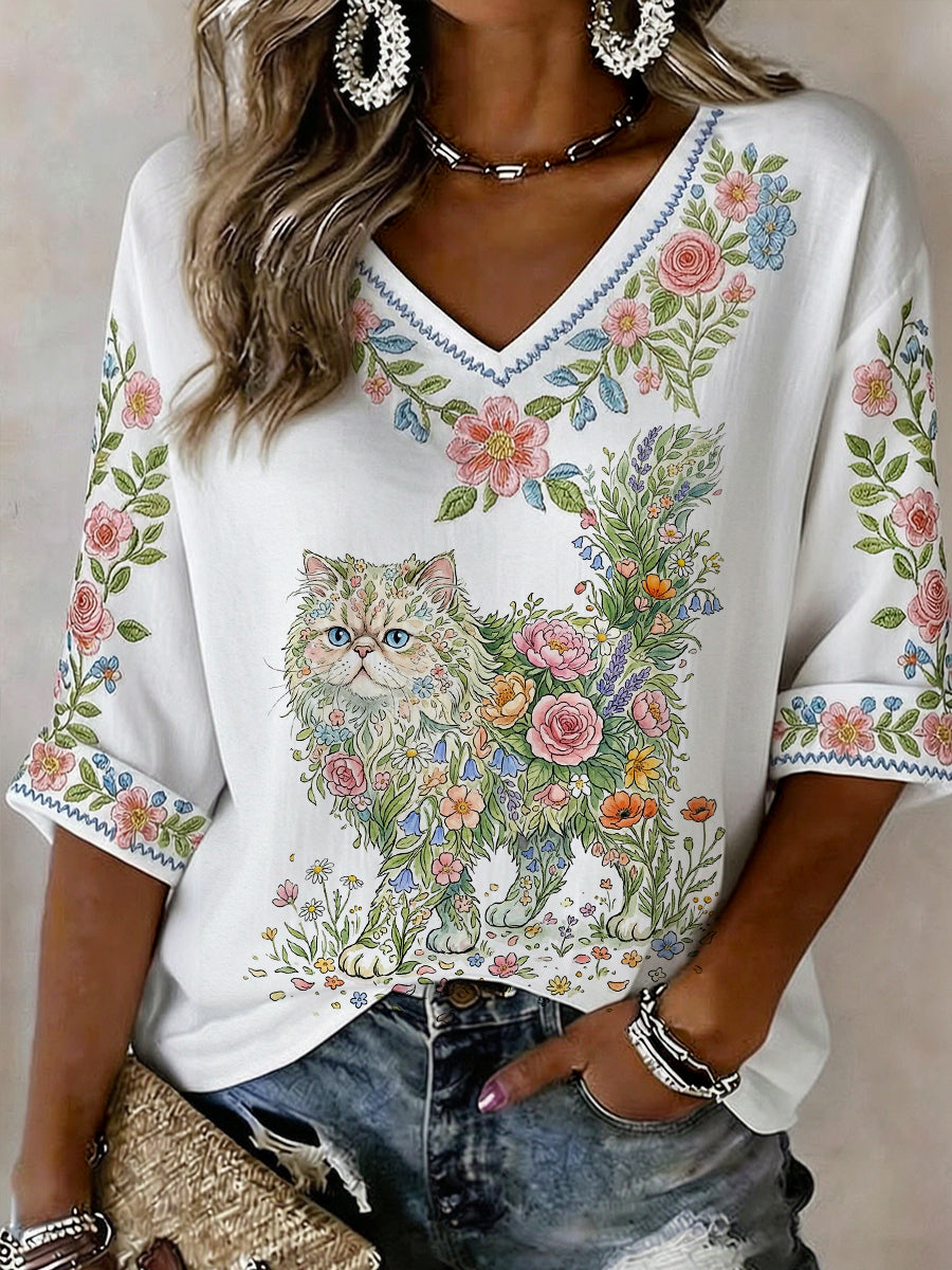 Chemise décontractée à manches mi-longues pour femme, imprimé fleurs et chat