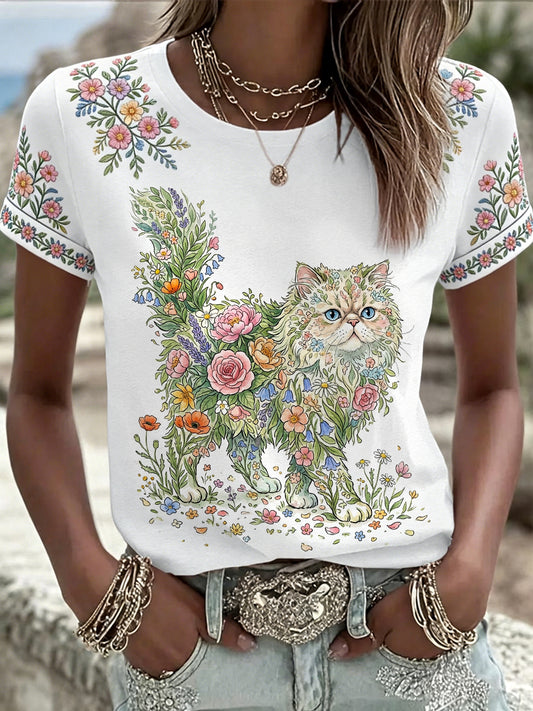 T-shirt décontracté pour femme à imprimé chat et fleurs
