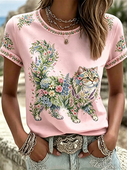 T-shirt décontracté pour femmes avec imprimé fleurs et chats
