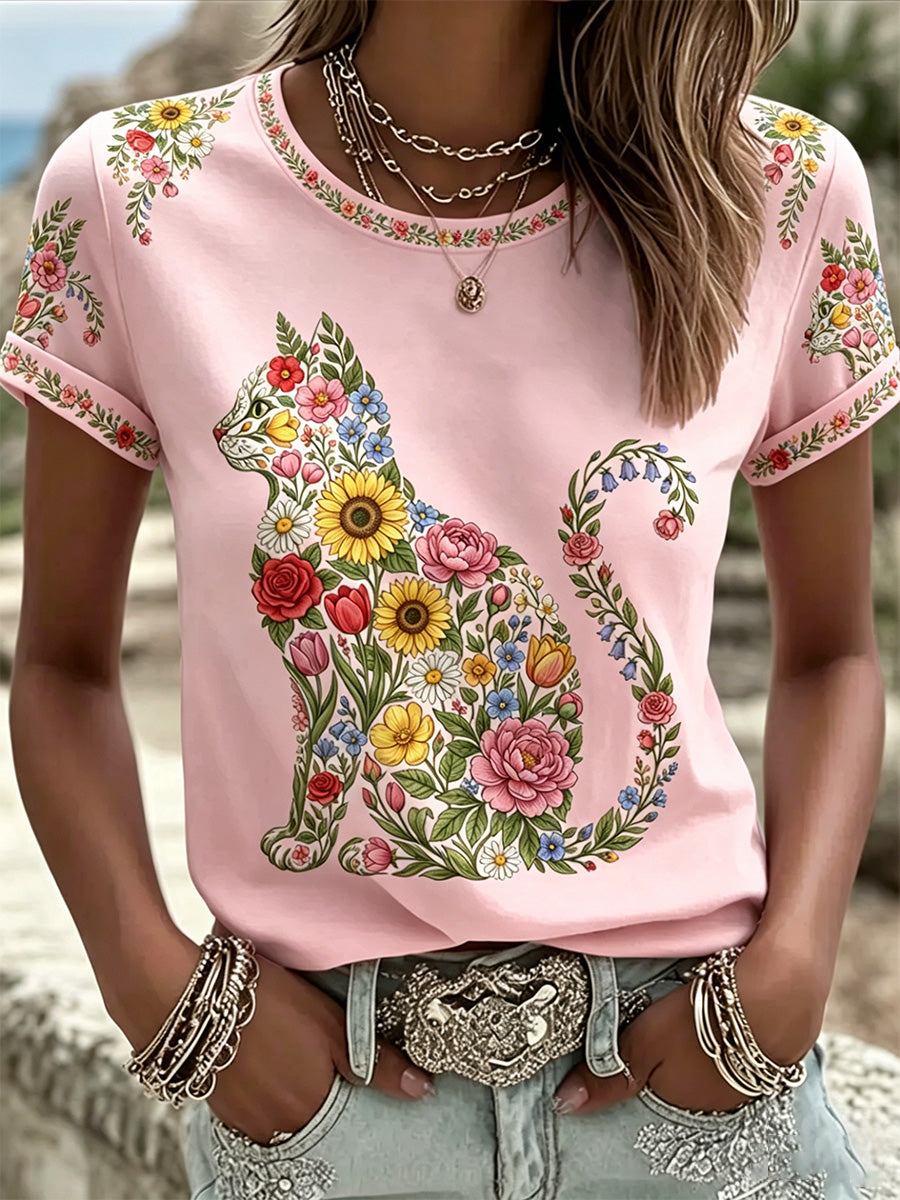 T-shirt décontracté pour femmes avec imprimé fleurs et chats