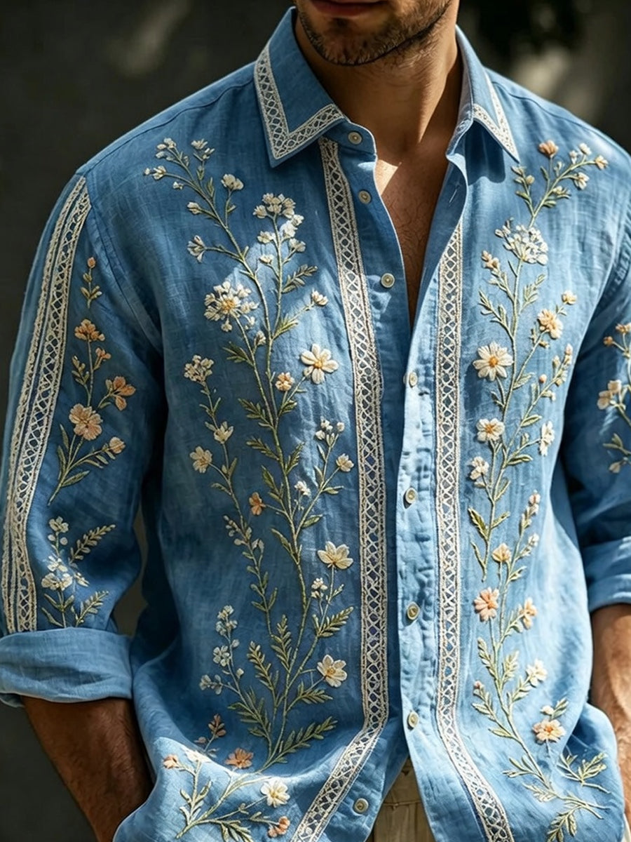 Chemise décontractée en coton-lin pour hommes, imprimé d'art abstrait rétro