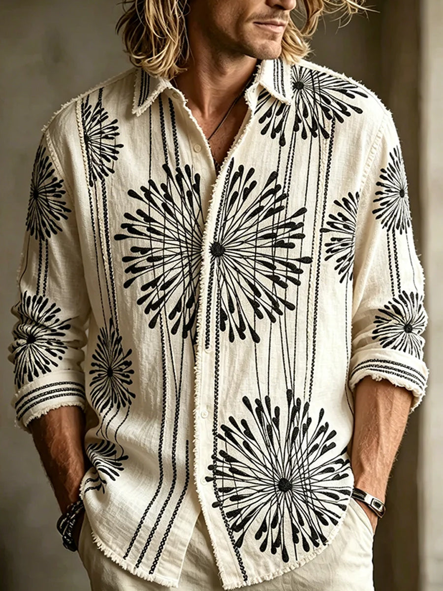 Chemise décontractée en coton-lin pour hommes, imprimé d'art abstrait rétro