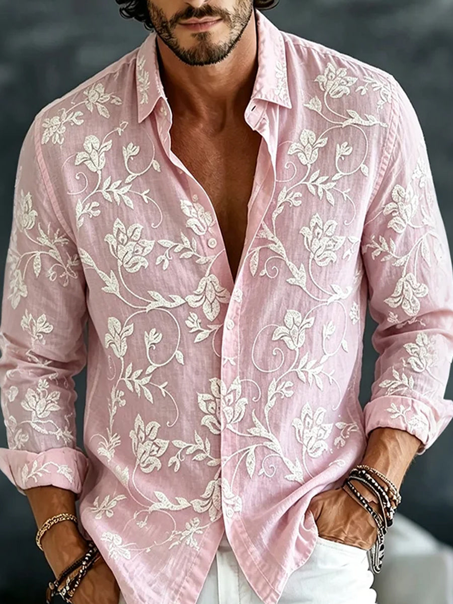 Chemise décontractée en coton-lin pour hommes, imprimé d'art abstrait rétro