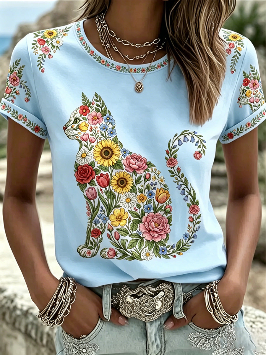 T-shirt décontracté pour femmes avec imprimé fleurs et chats
