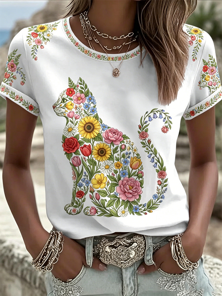 T-shirt décontracté pour femmes avec imprimé fleurs et chats