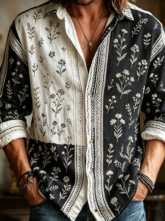 Chemise décontractée en coton-lin pour hommes, imprimé d'art abstrait rétro