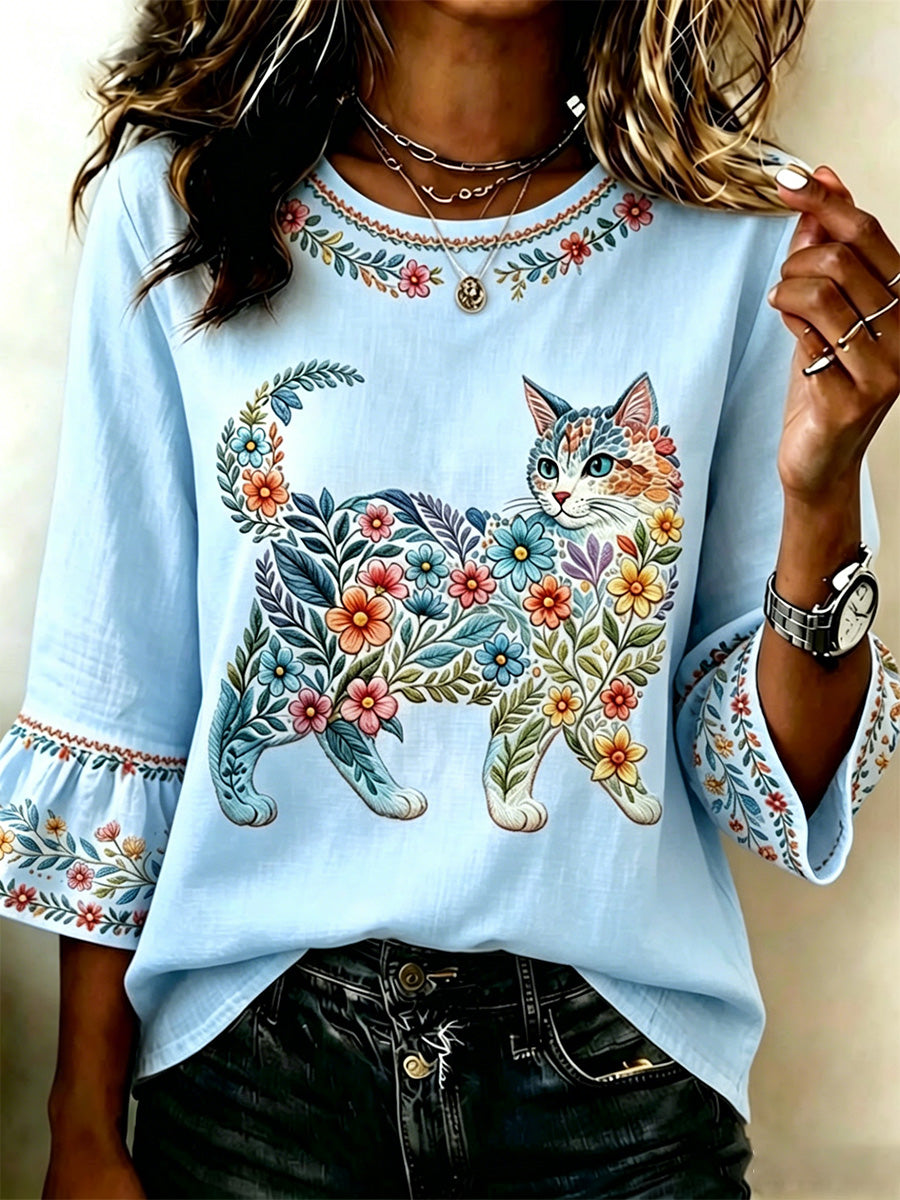 Haut décontracté pour femme à imprimé fleurs et chats