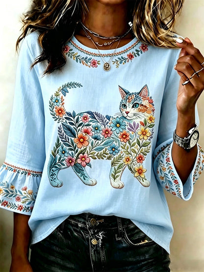 Haut décontracté pour femme à imprimé fleurs et chats