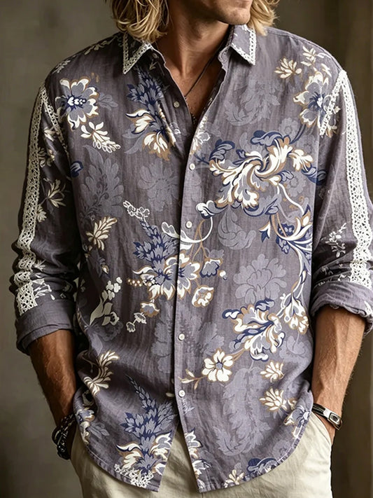 Chemise décontractée en coton-lin pour hommes, imprimé d'art abstrait rétro