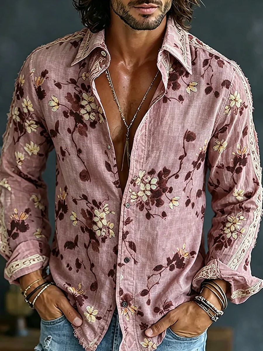Chemise décontractée en coton-lin pour hommes, imprimé d'art abstrait rétro