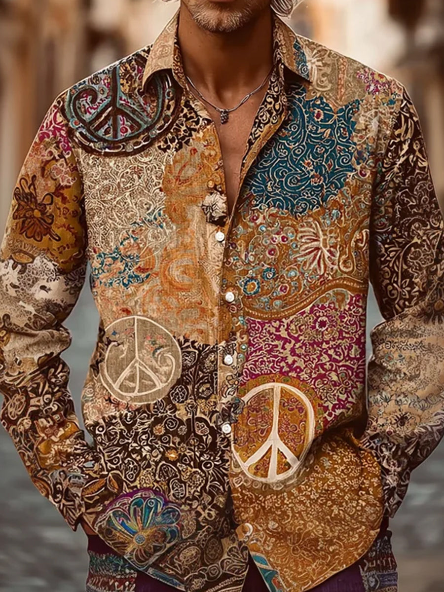 Chemise décontractée en coton-lin pour hommes, imprimé d'art abstrait rétro