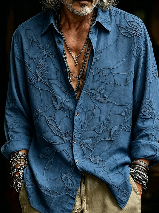 Chemise décontractée en coton-lin pour hommes, imprimé d'art abstrait rétro