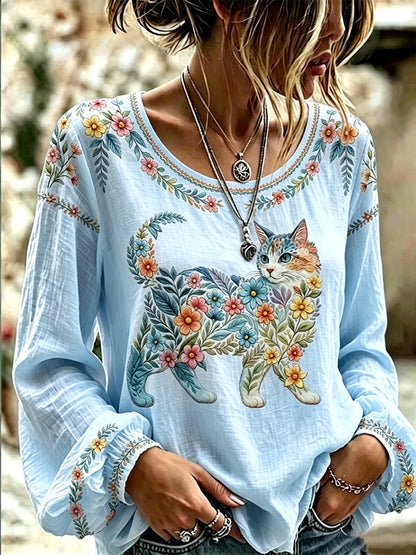 Chemise décontractée à manches longues pour femmes, imprimé fleurs et chats