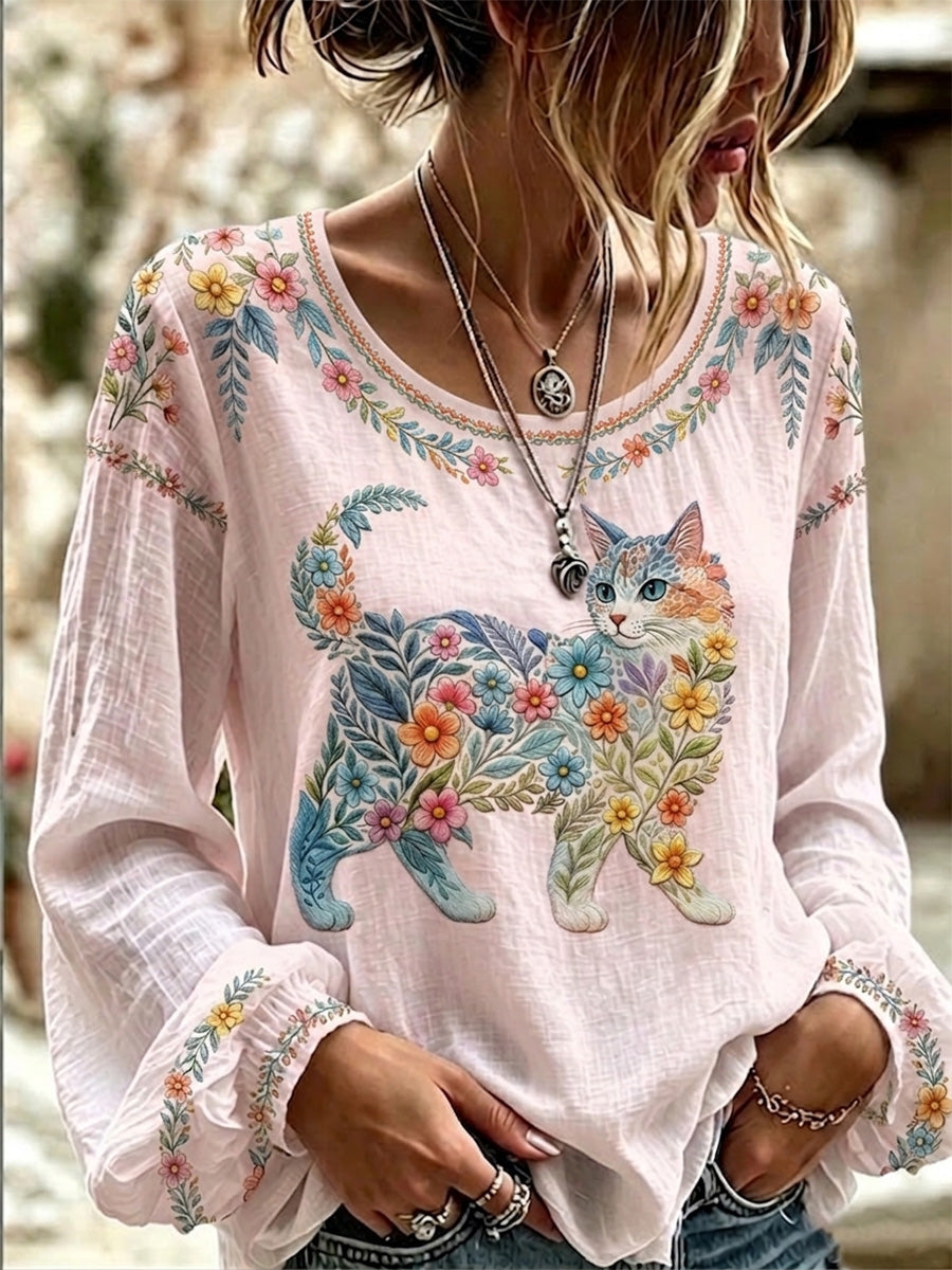 Chemise décontractée à manches longues pour femmes, imprimé fleurs et chats