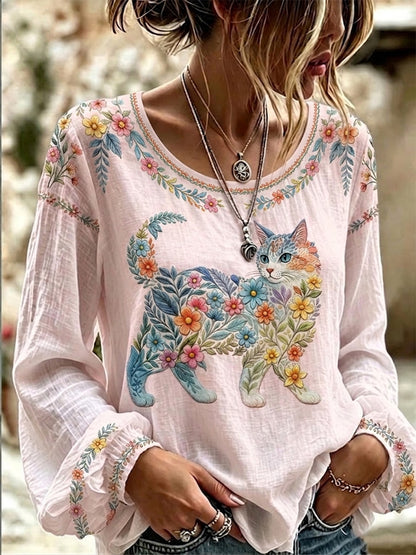Chemise décontractée à manches longues pour femmes, imprimé fleurs et chats