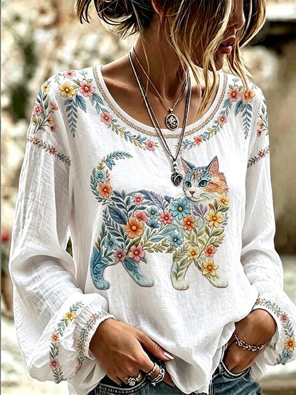 Chemise décontractée à manches longues pour femmes, imprimé fleurs et chats
