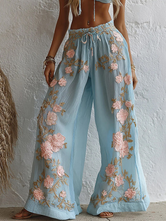 Pantalon décontracté en coton-lin, imprimé floral rétro, confortable
