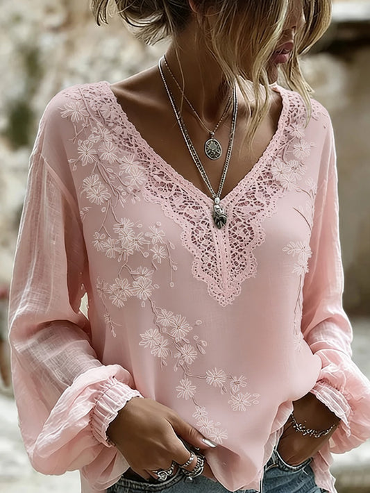 Haut décontracté en coton-lin pour femme, style vintage avec imprimé floral artistique