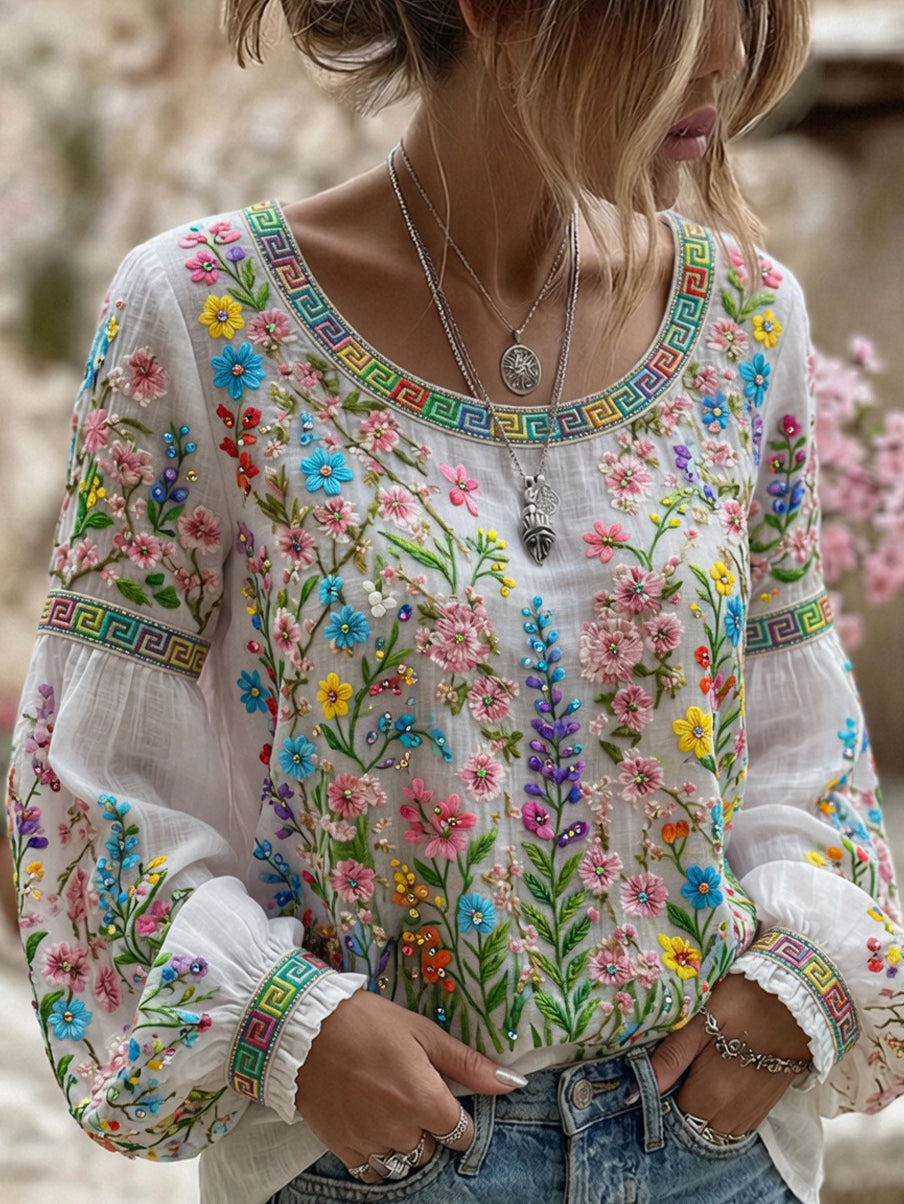 Haut décontracté en coton-lin pour femme, style vintage avec imprimé floral artistique