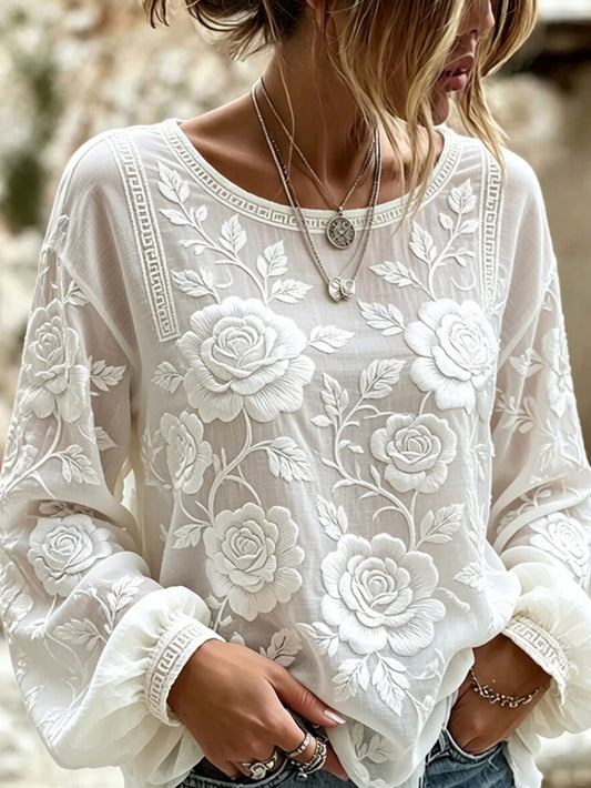 Haut décontracté en coton-lin pour femme, style vintage avec imprimé floral artistique