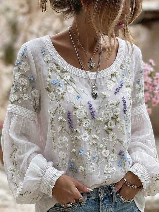 Haut décontracté en coton-lin pour femme, style vintage avec imprimé floral artistique