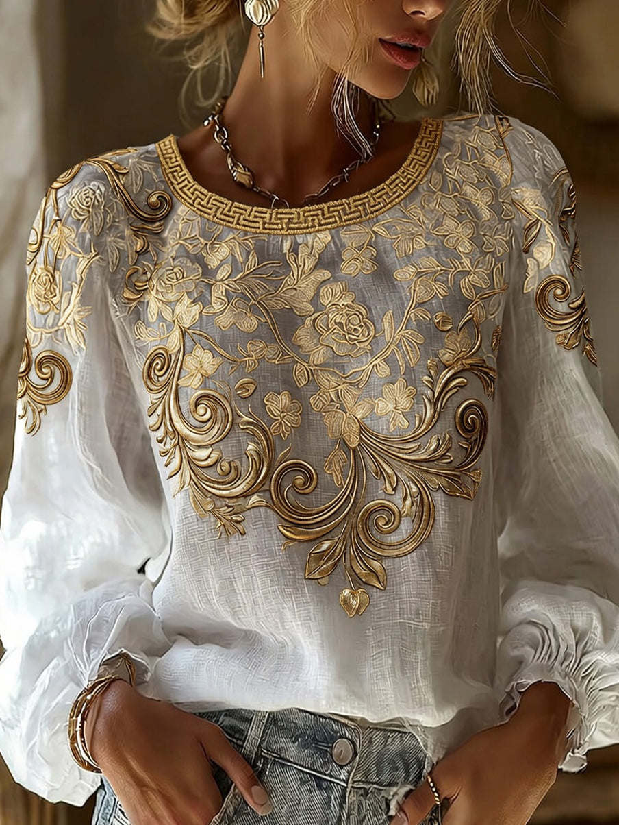 Haut décontracté en coton-lin pour femme, style vintage avec imprimé floral artistique