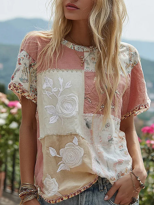 T-shirt décontracté pour femmes, en coton-lin, imprimé floral vintage