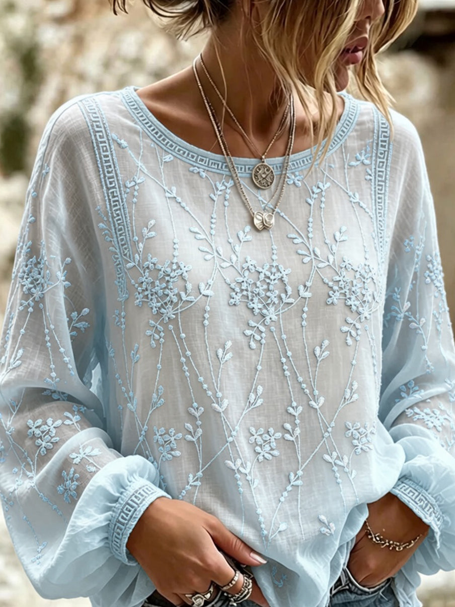 Haut décontracté en coton-lin pour femme, style vintage avec imprimé floral artistique