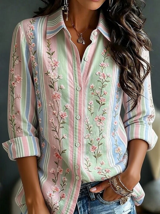 Chemise décontractée en coton-lin pour femmes, imprimé floral vintage