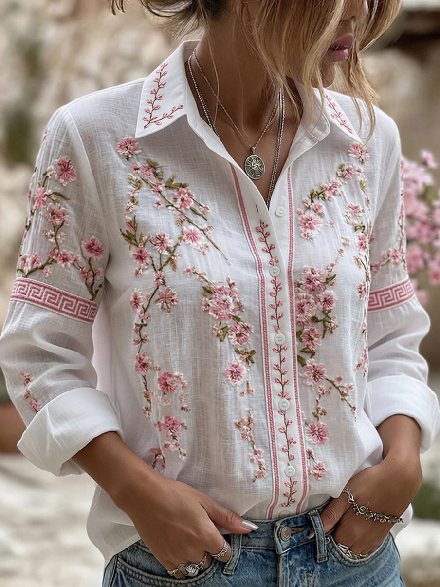 Chemise décontractée en coton-lin pour femmes, imprimé floral vintage