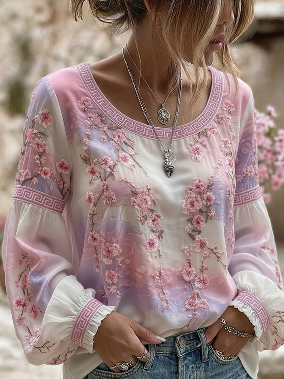 Haut décontracté en coton-lin pour femme, style vintage avec imprimé floral artistique