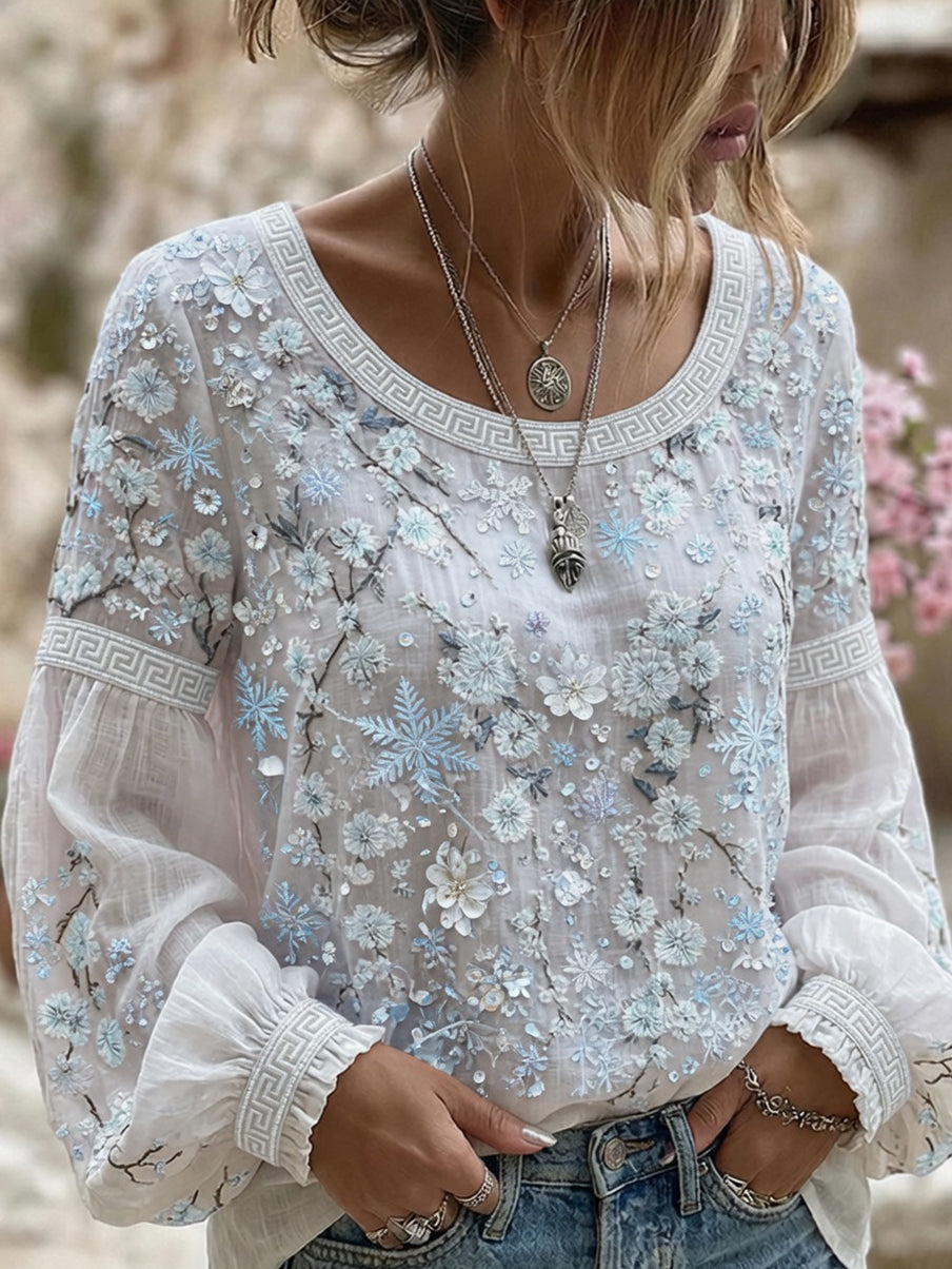 Haut décontracté en coton-lin pour femme, style vintage avec imprimé floral artistique