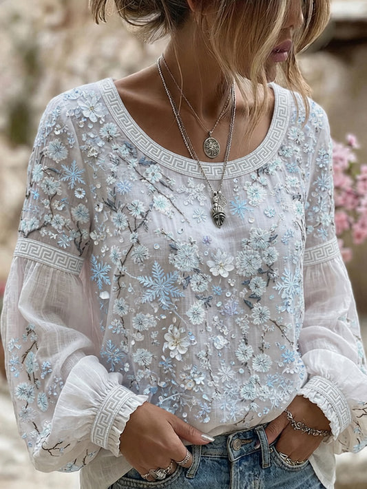 Haut décontracté en coton-lin pour femme, style vintage avec imprimé floral artistique