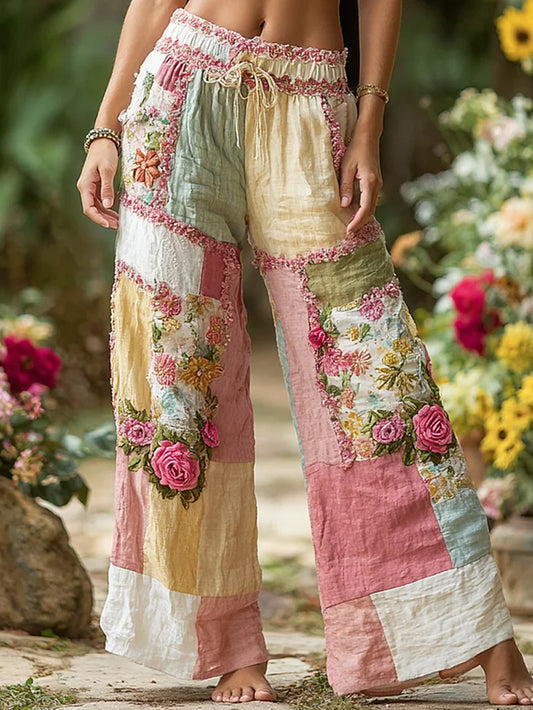 Pantalon confort décontracté rétro imprimé floral en coton et lin