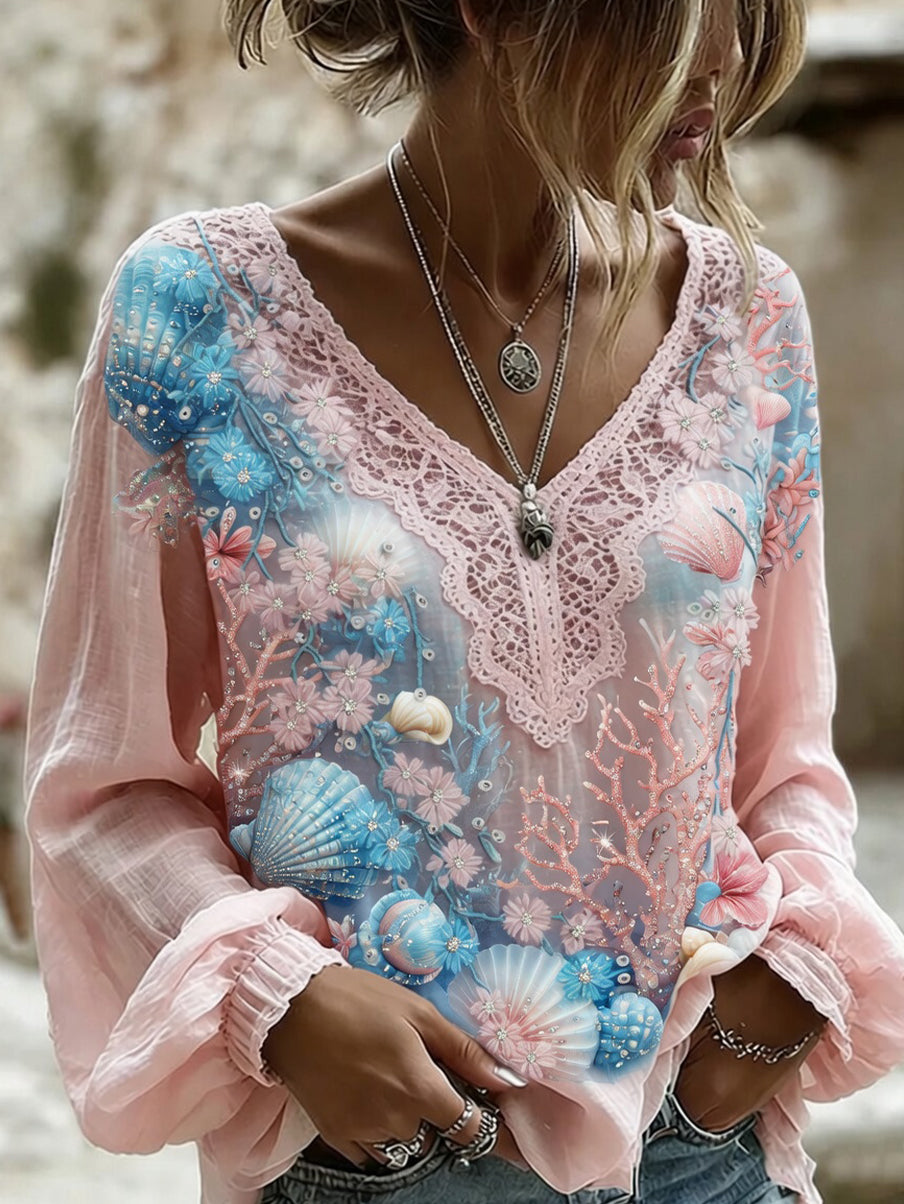 Haut décontracté en coton-lin pour femme, style vintage avec imprimé floral artistique