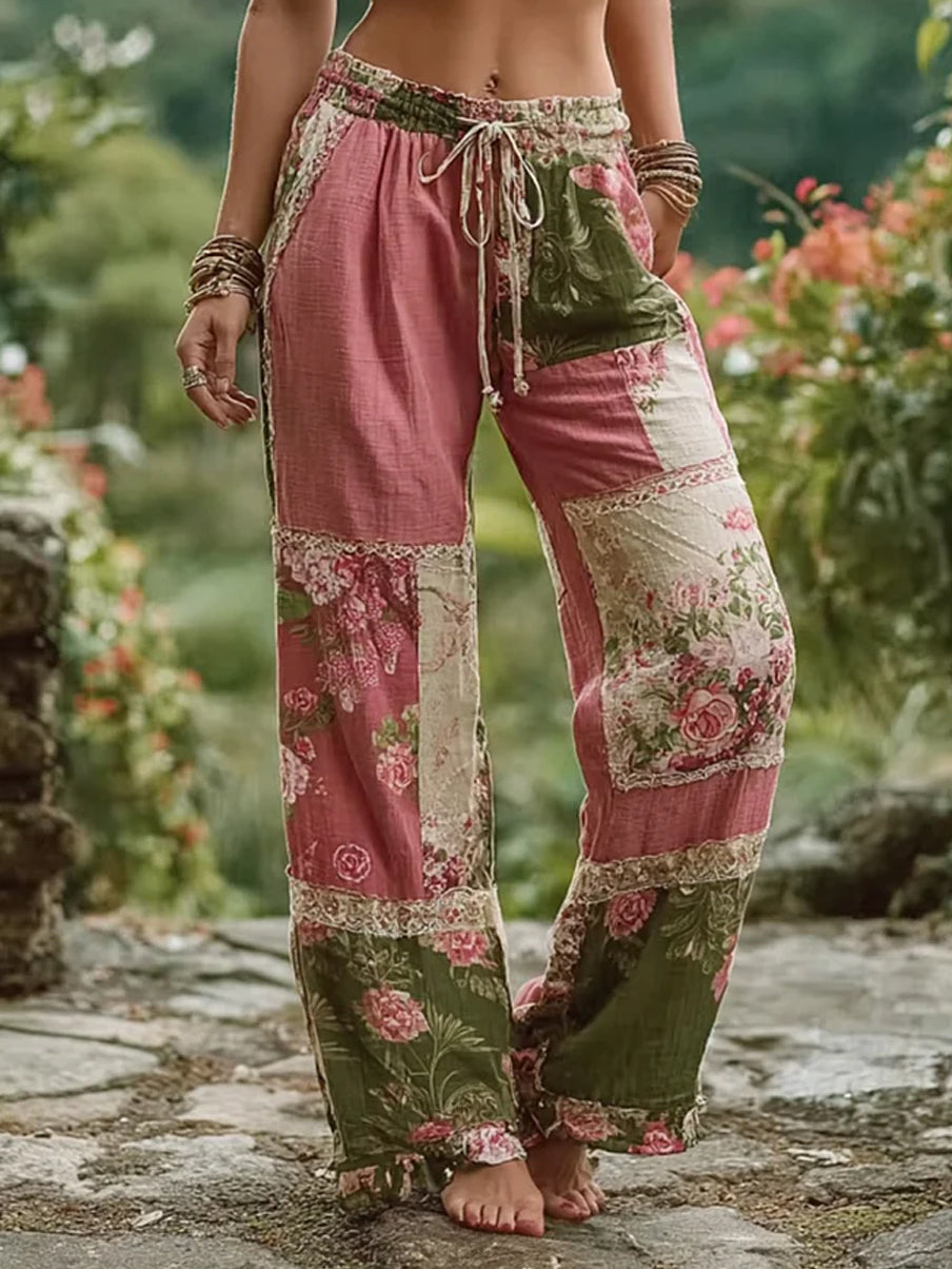 Pantalon décontracté en coton-lin, imprimé floral rétro, confortable