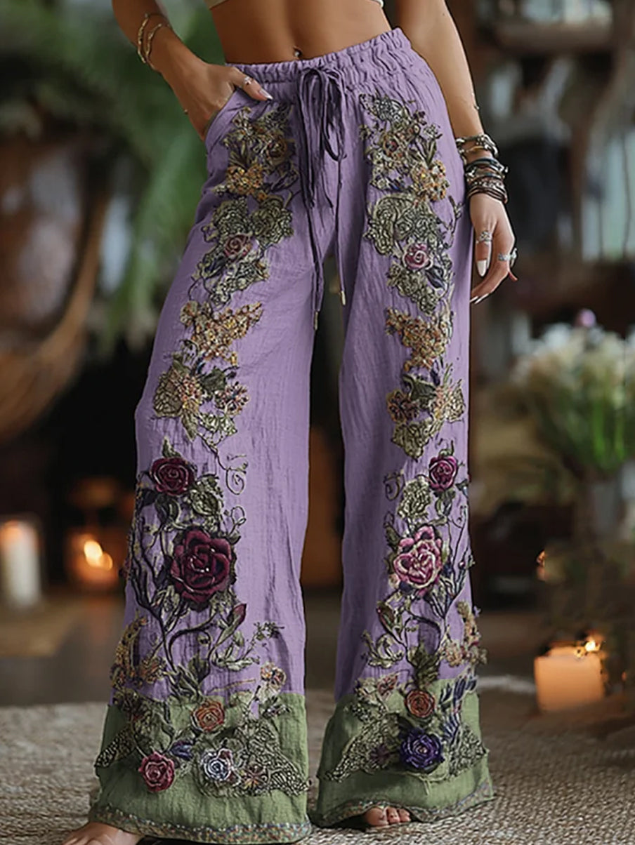 Pantalon décontracté en coton-lin, imprimé floral rétro, confortable