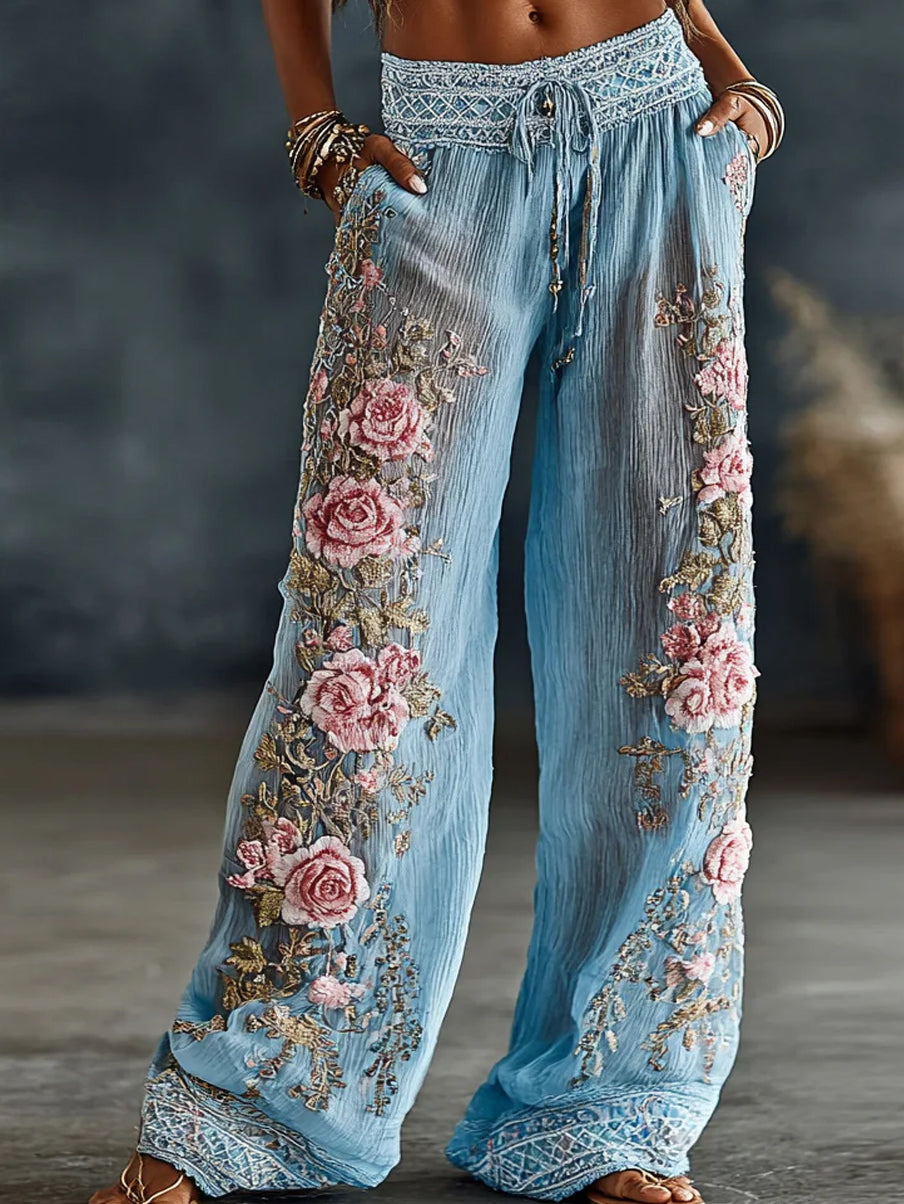 Pantalon décontracté en coton-lin, imprimé floral rétro, confortable